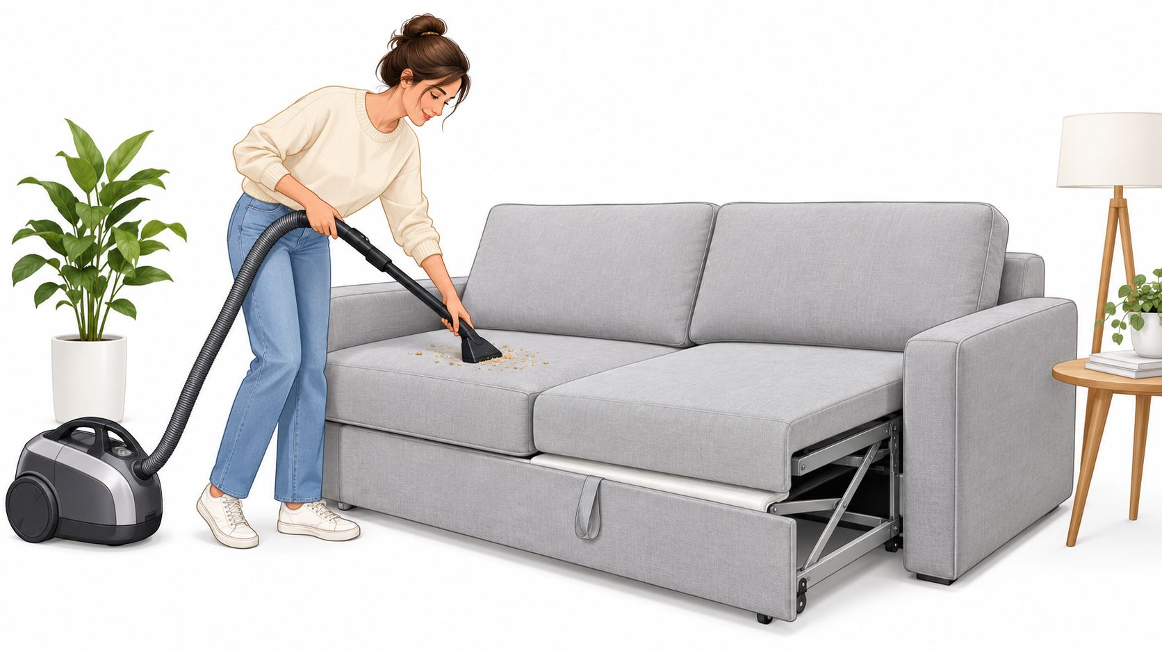 A woman cleaning a modern grey sofa sleeper with a vacuum cleaner in a bright living room.
