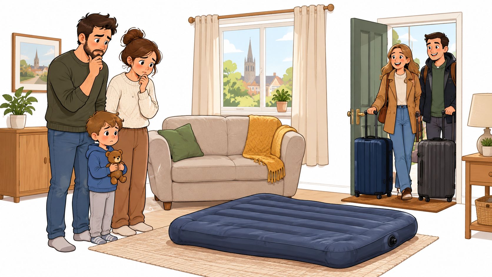 A family looks worried at an air mattress while guests arrive at the front door with luggage.
