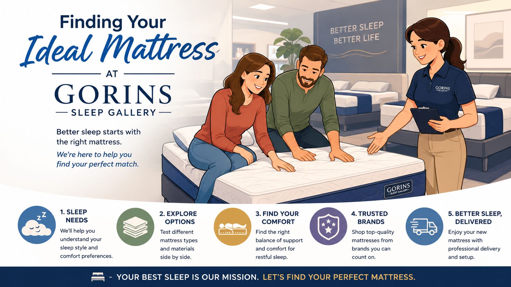 A friendly sales associate helping a couple choose the right mattress at Gorins Sleep Gallery store.