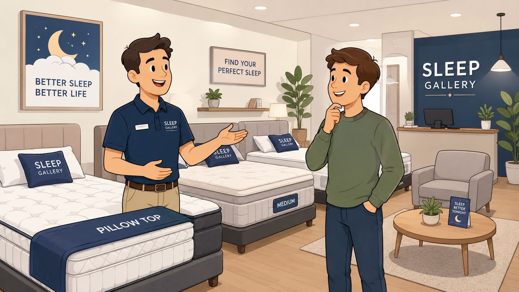 A salesman in a mattress store explaining the features of a pillow top mattress to a customer.