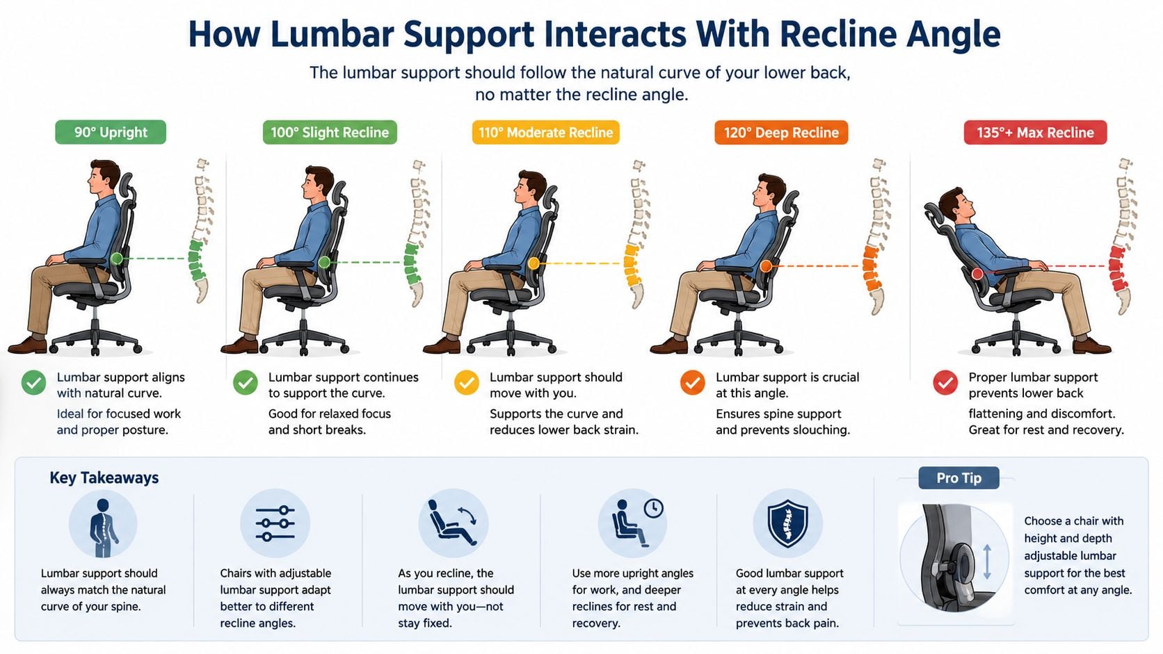 An infographic illustrating how ergonomic office chair lumbar support maintains spine alignment across various reclining angles.