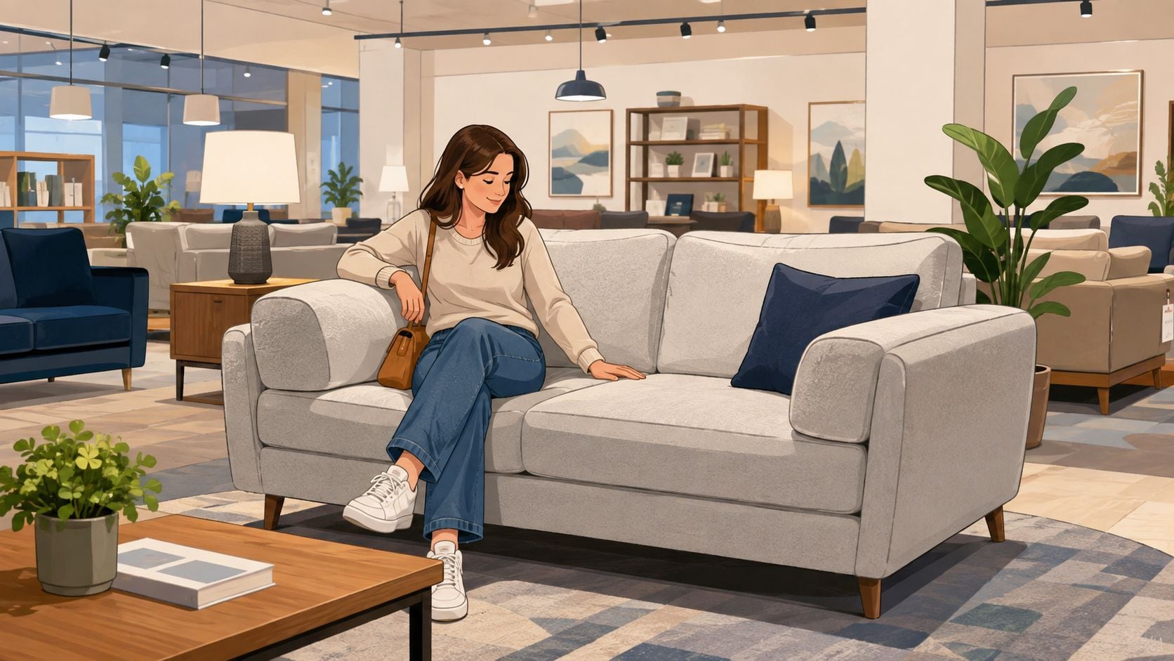 A young woman sits on a comfortable beige sofa in a brightly lit furniture showroom display.