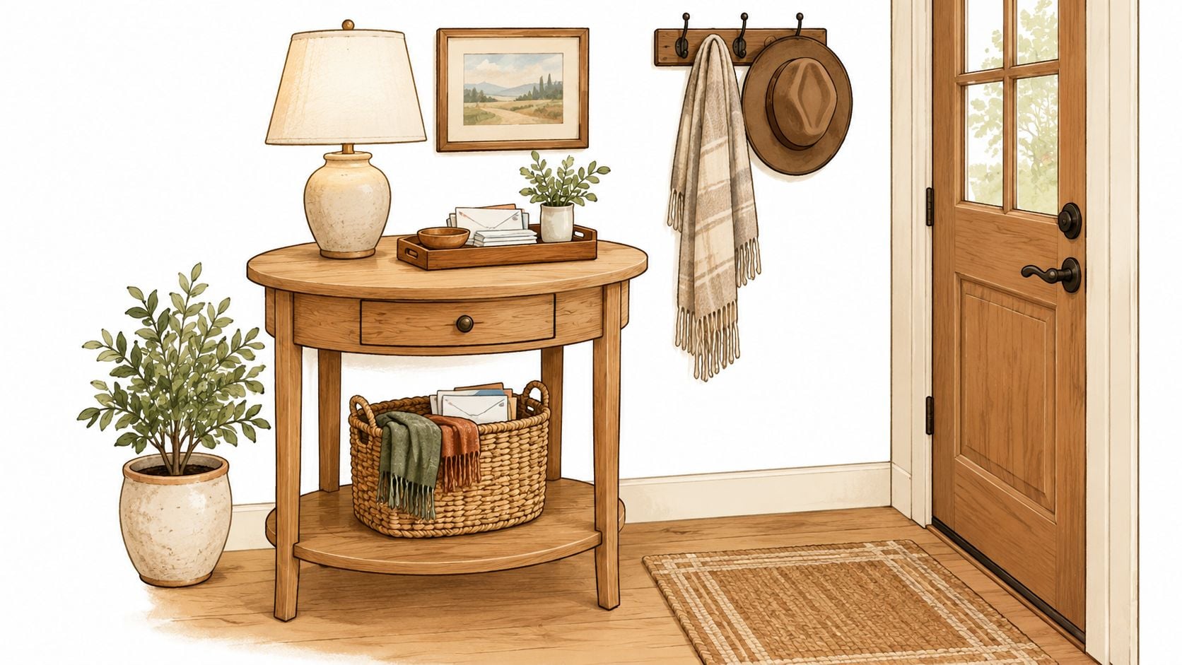 A cozy entryway featuring a round wooden table, a warm lamp, a woven basket, and a front door.