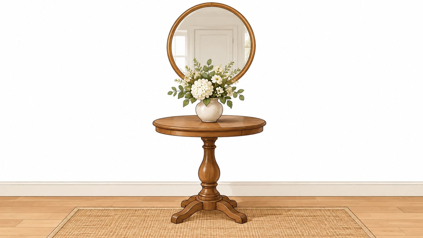 An elegant wooden round entry table styled with a vase of flowers and a matching circular wall mirror.