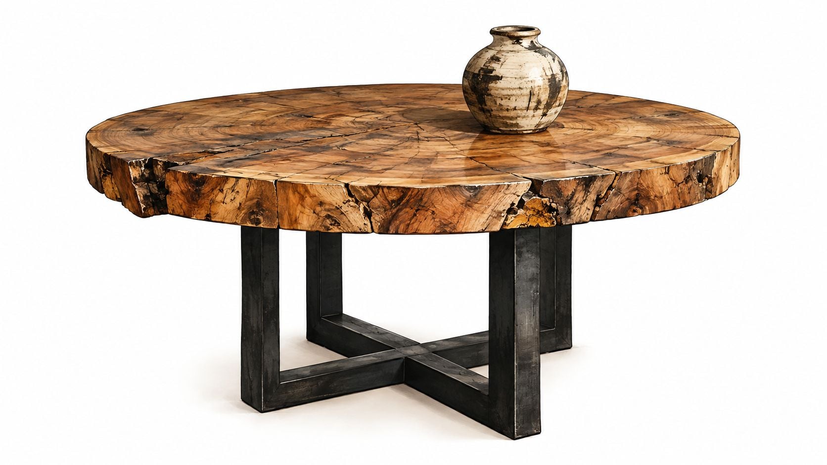 A rustic round wooden table with a live edge and black metal cross base supporting a pottery vase.