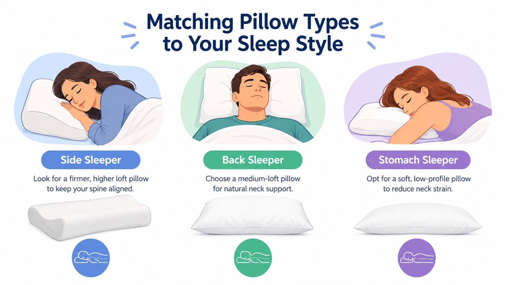 An infographic illustrating recommended pillow types based on three different sleeping positions for optimal neck support.