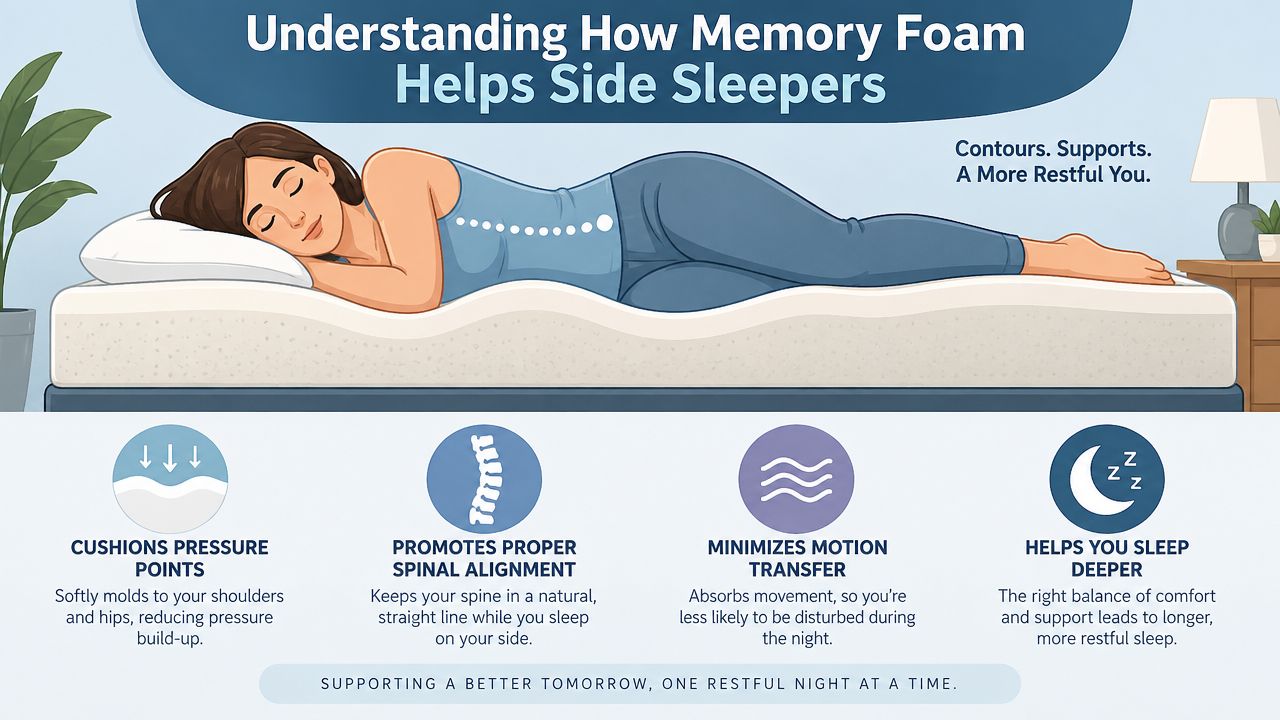 A diagram illustrating how a memory foam mattress provides cushioning, alignment, and comfort for side sleepers.