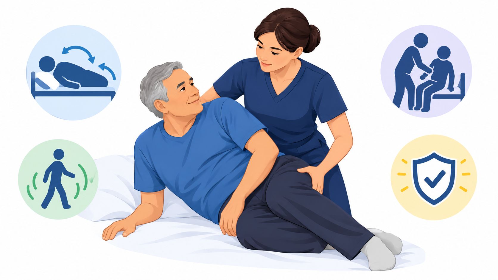 A caregiver helping a senior man sit up in bed, demonstrating comfort and support techniques.