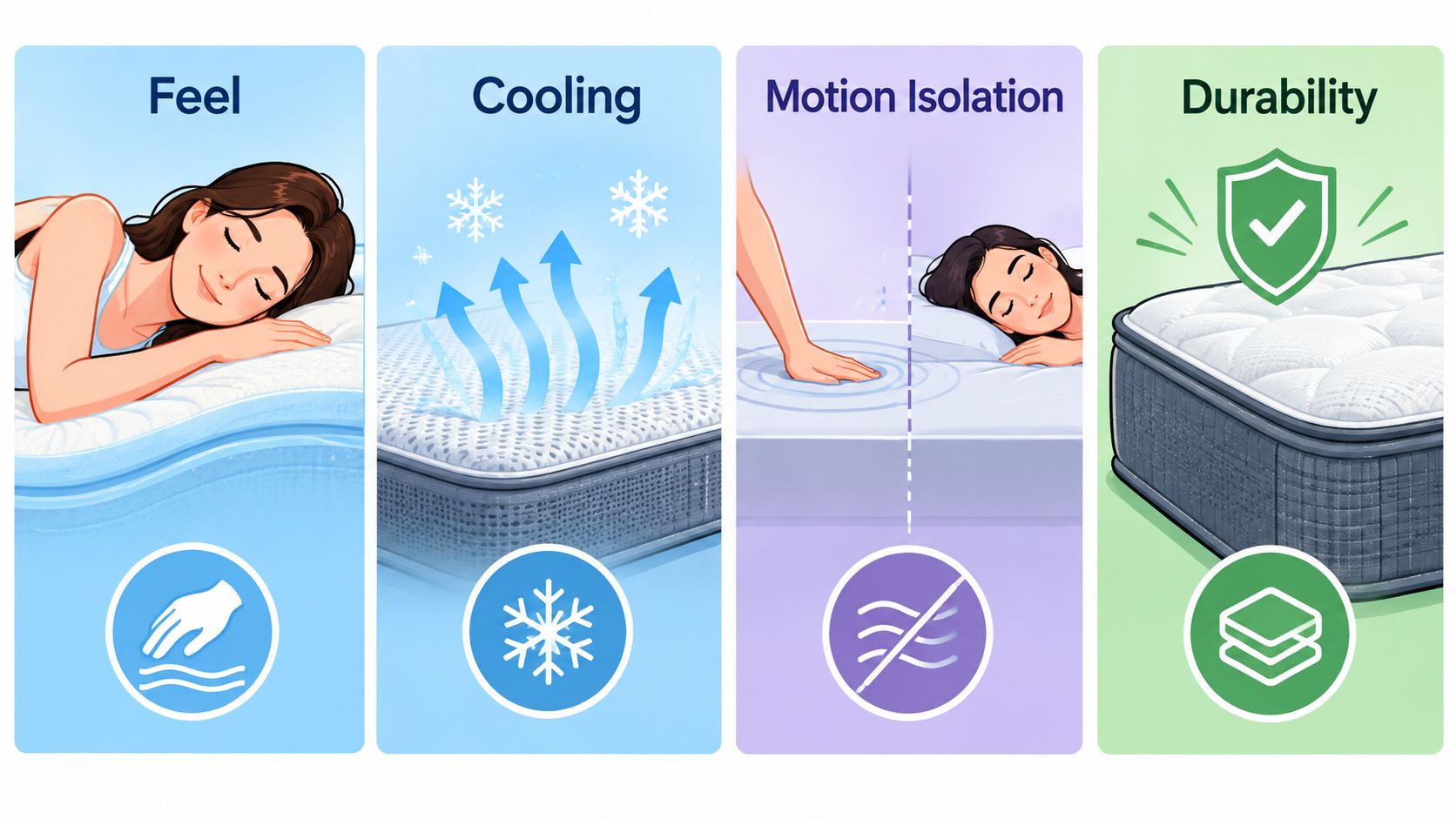 An infographic showing four key features of a mattress: comfort feel, cooling technology, motion isolation, and durability.