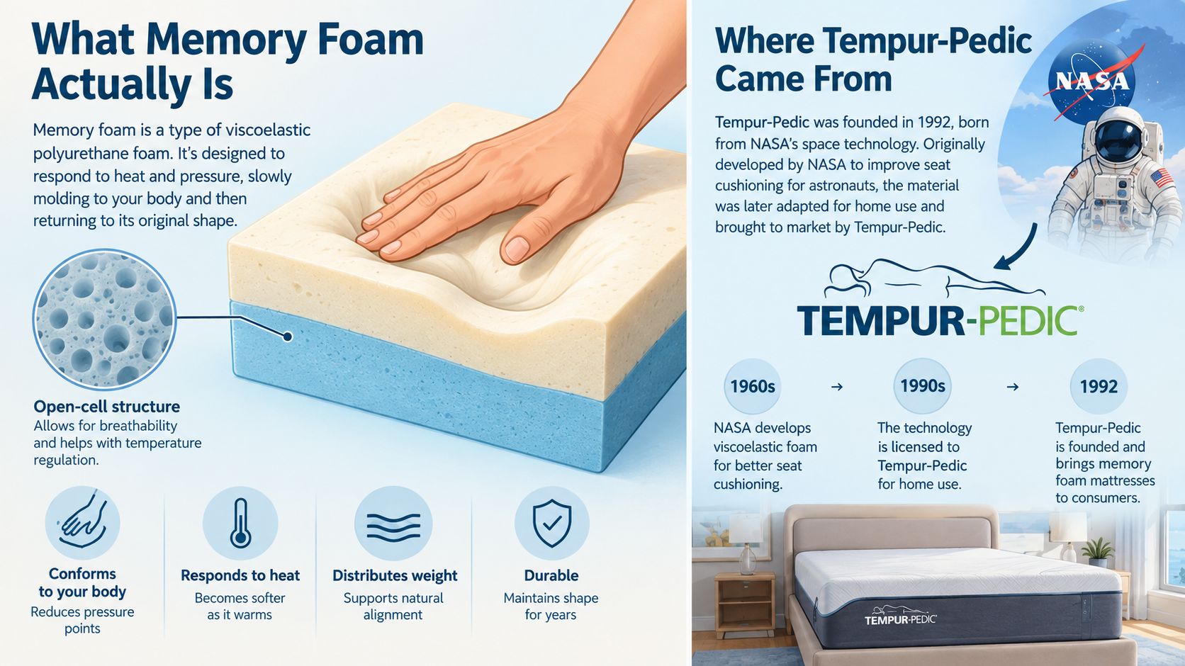 An infographic explaining memory foam technology and the historical origin of Tempur-Pedic mattresses from NASA space technology.