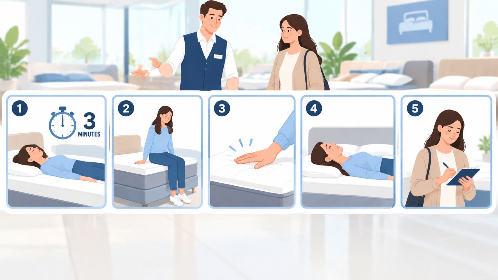 A woman testing different mattresses in a store with five steps illustrated for finding the right one.