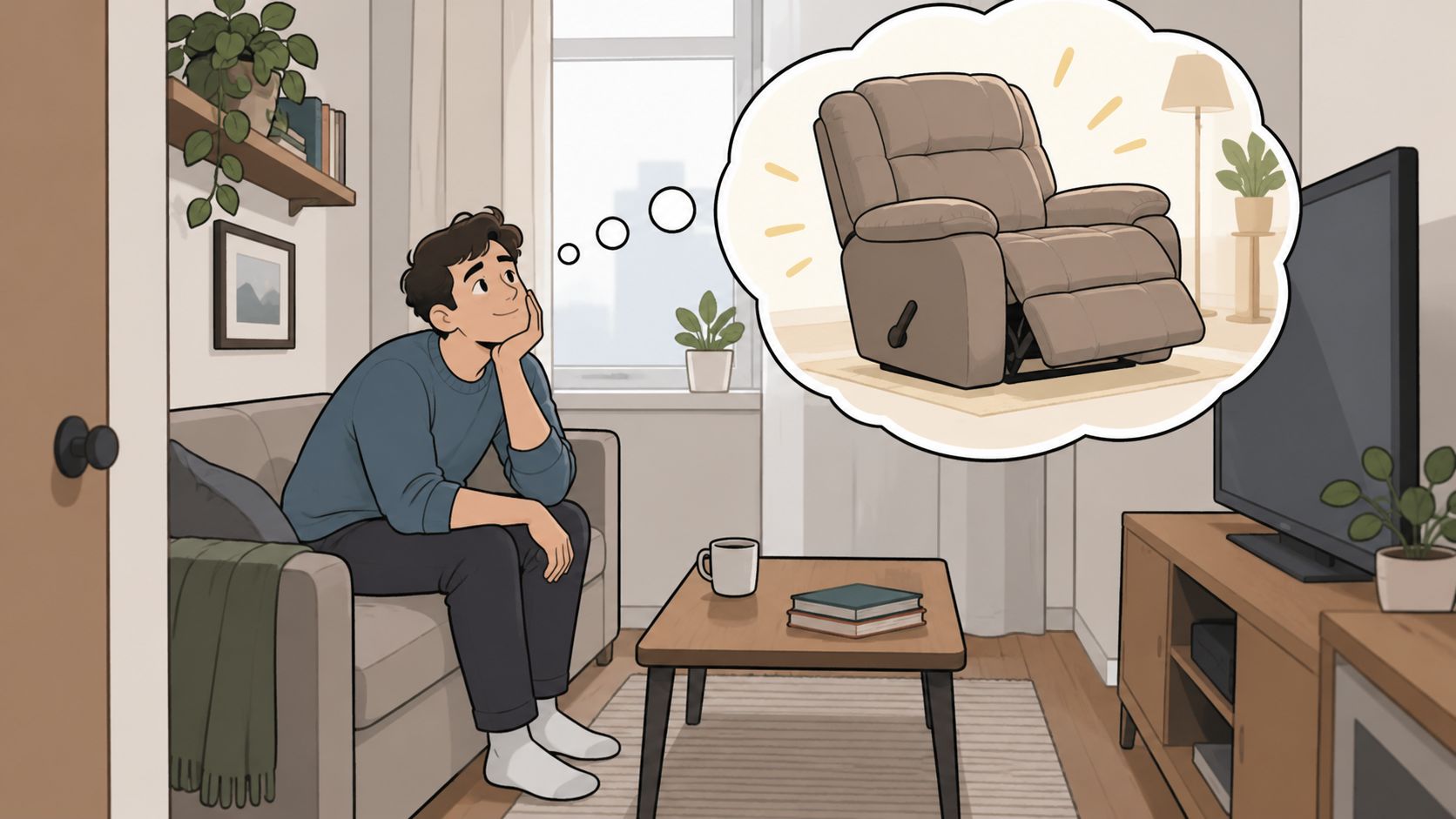 A man sitting on a couch in a living room, daydreaming about a comfortable reclining chair.