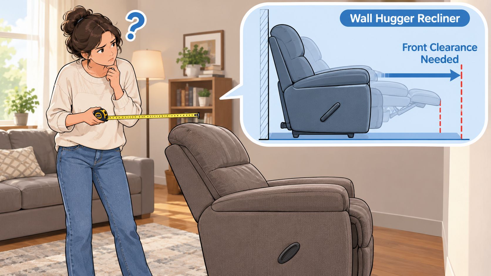 A woman measuring with a tape measure while considering the placement of a wall hugger recliner chair.