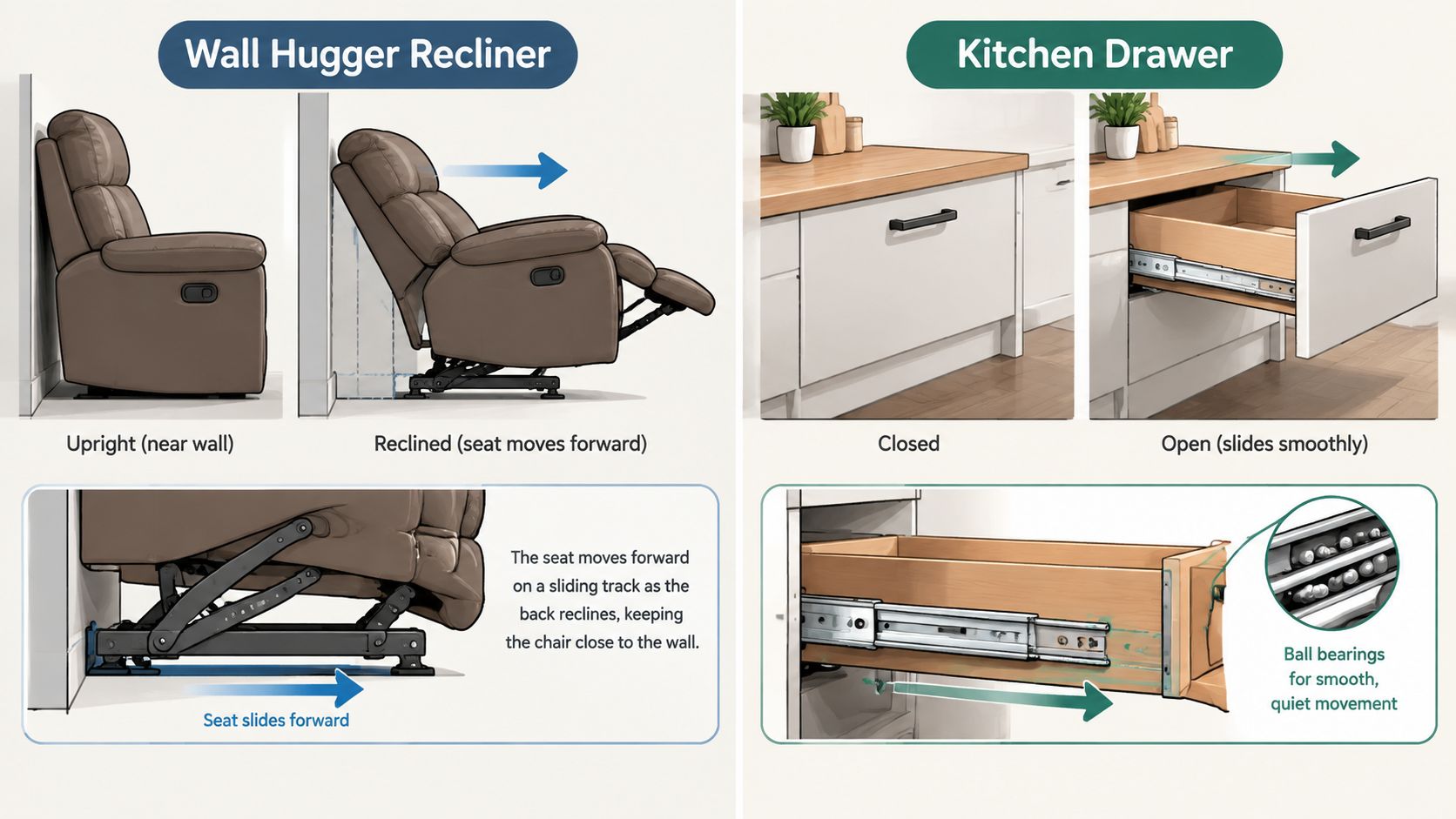 Diagram showing the comparison of mechanical sliding systems in a wall hugger recliner and a kitchen drawer.