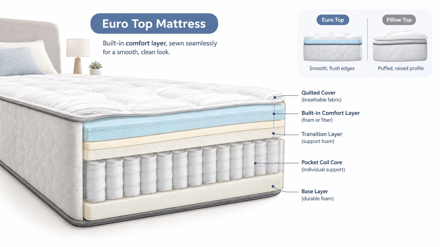 A cutaway view of a Euro Top mattress showing its layered internal construction including coils and foam.