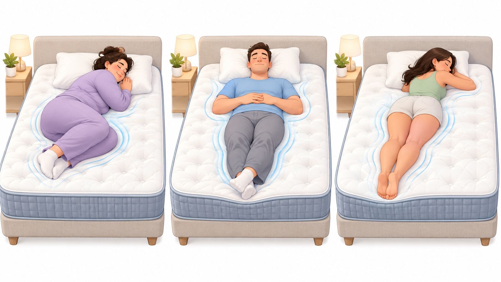Three people sleeping comfortably on different mattress styles showing body support and comfort visualization.