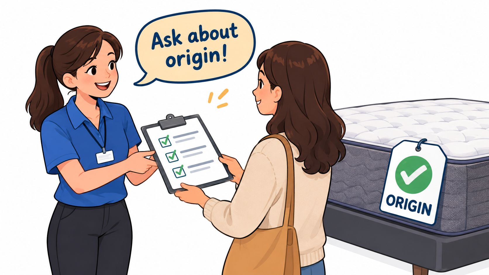 A store assistant showing a clipboard to a customer standing next to an Origin branded mattress display.