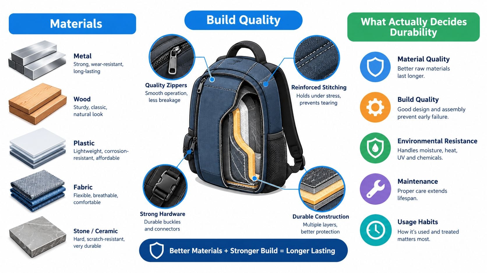 An infographic showing factors affecting product durability, including material types, build quality, and maintenance habits for backpacks.