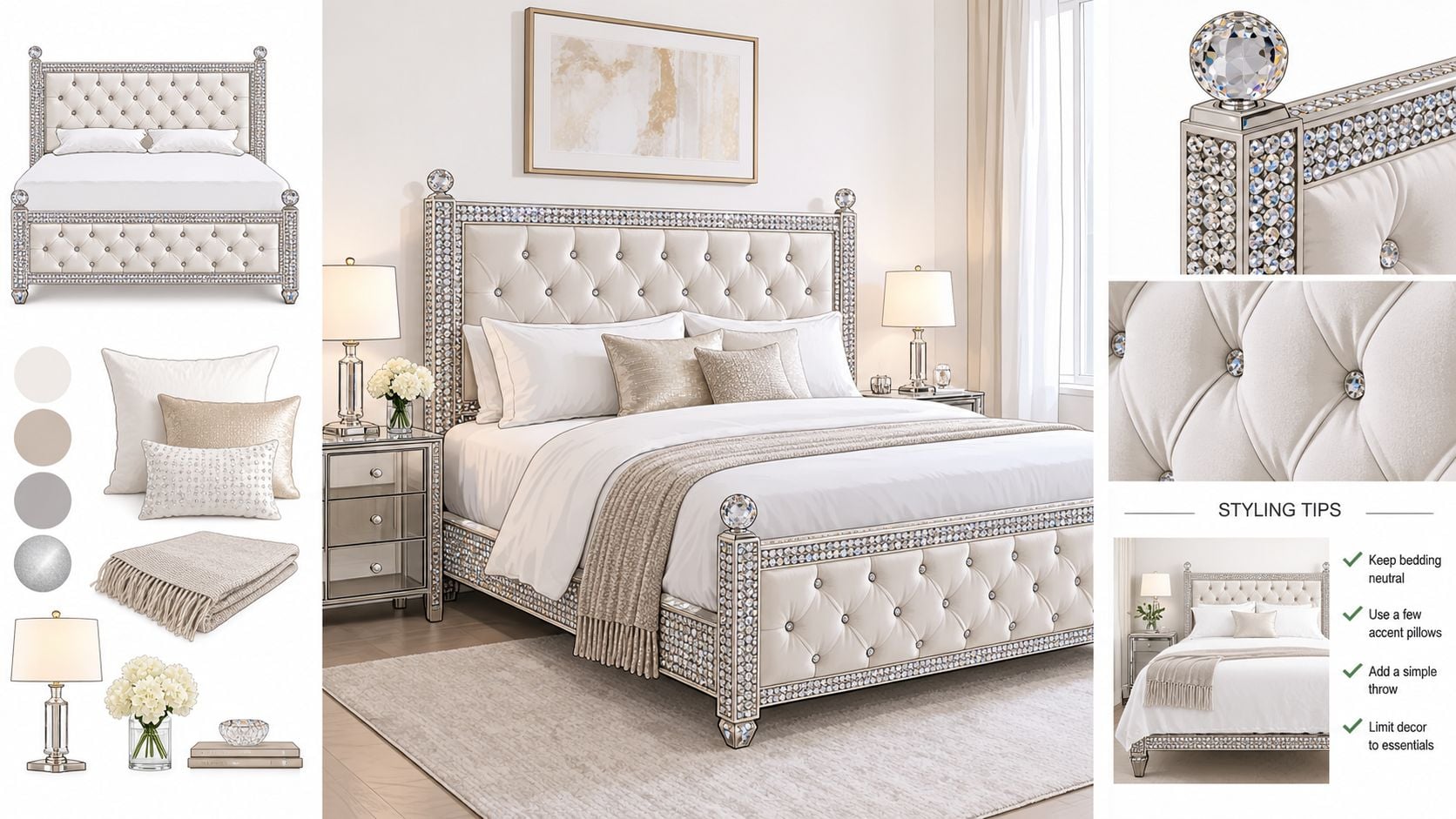 A glamorous white tufted bed frame featuring crystal rhinestone accents and matching mirrored bedroom side tables.