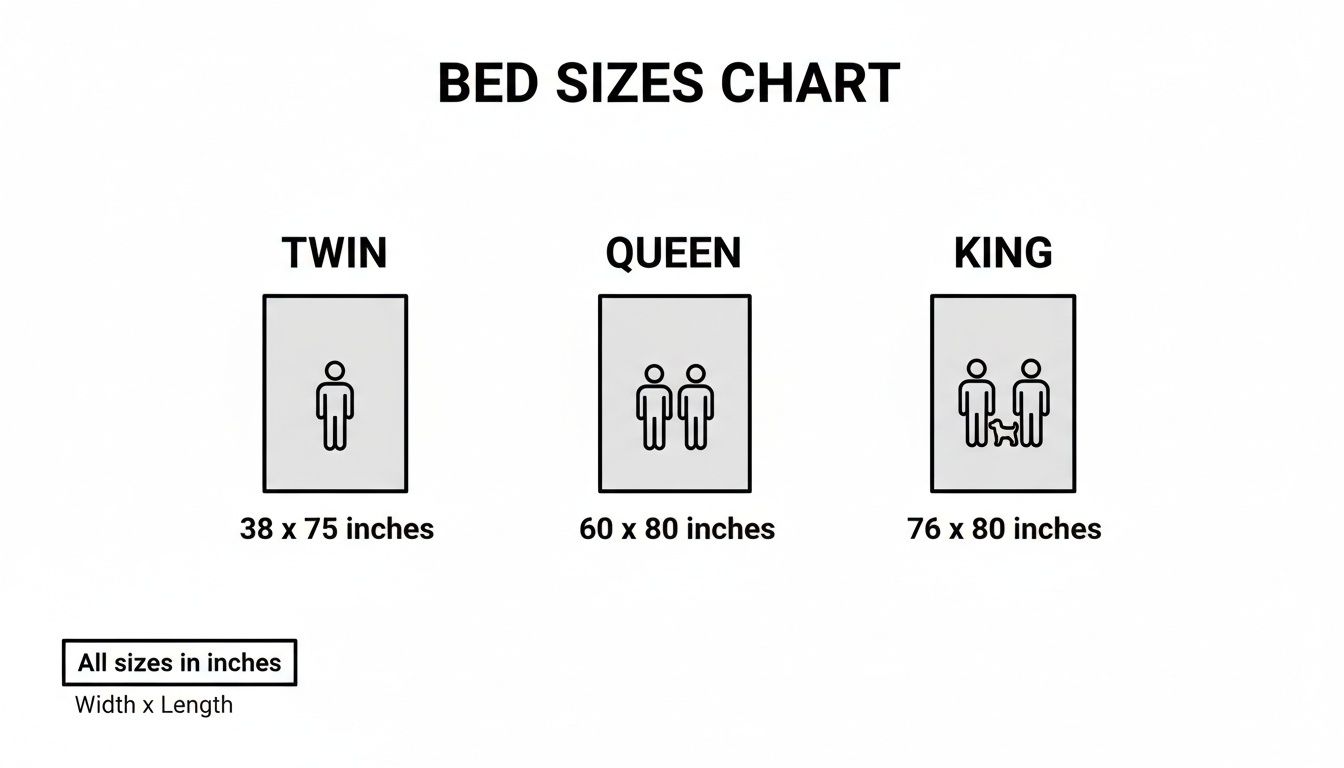 Chart displaying Twin, Queen, and King bed sizes with dimensions and person/pet capacity.