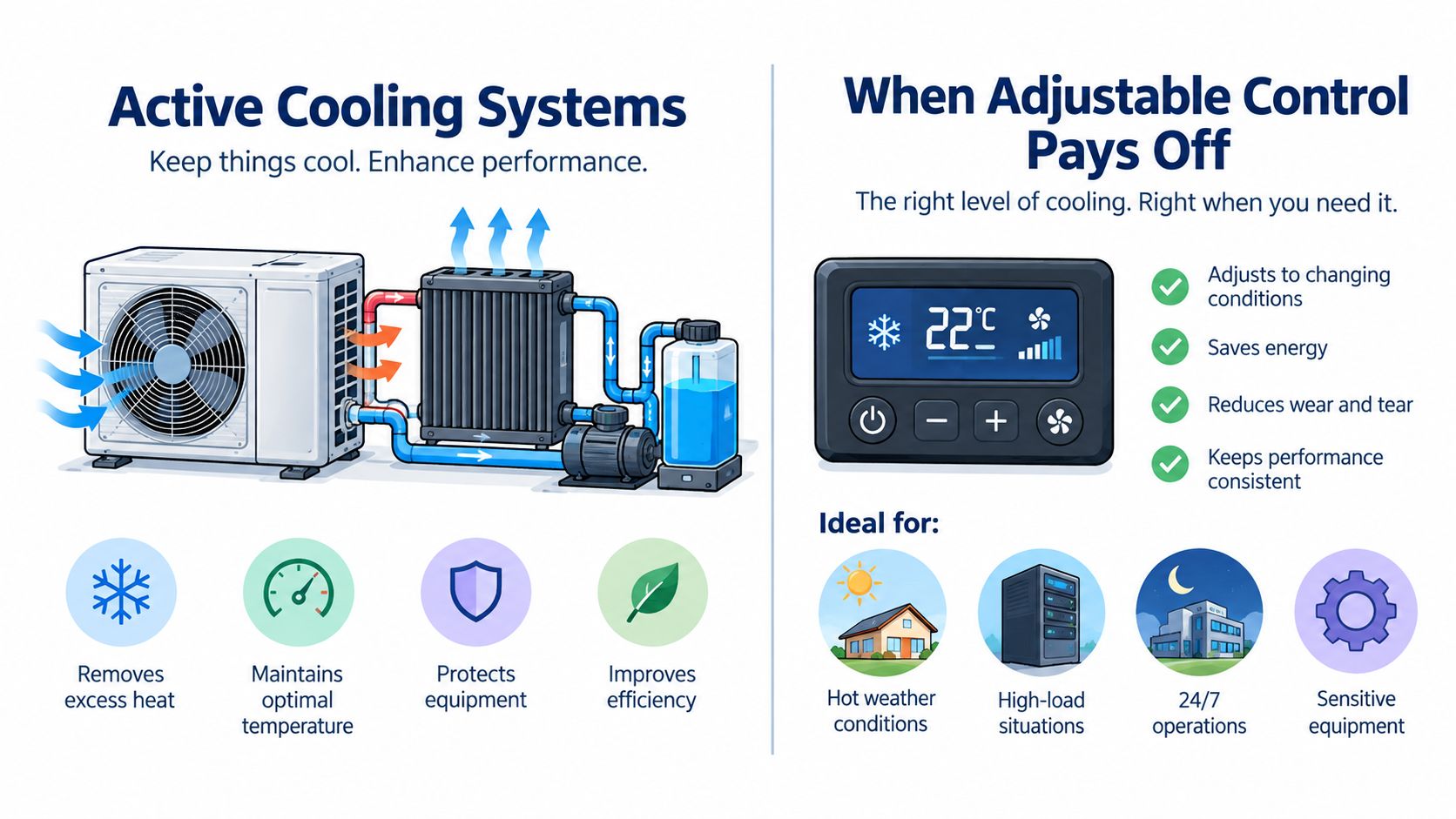 An infographic illustrating how active cooling systems with adjustable controls regulate temperature to improve equipment performance and efficiency.