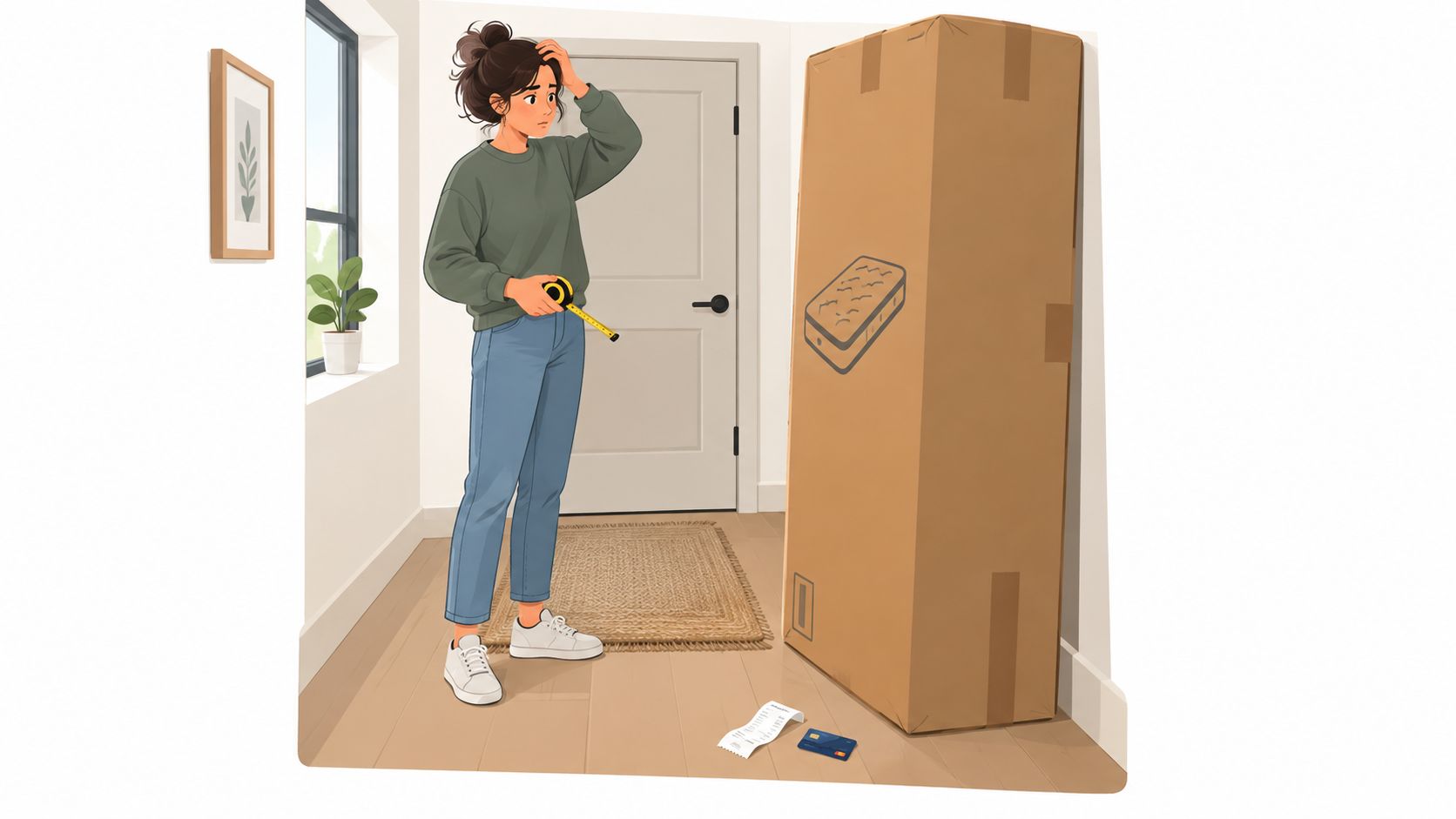 A young woman looks puzzled at a large cardboard box representing a mattress delivery in her home.
