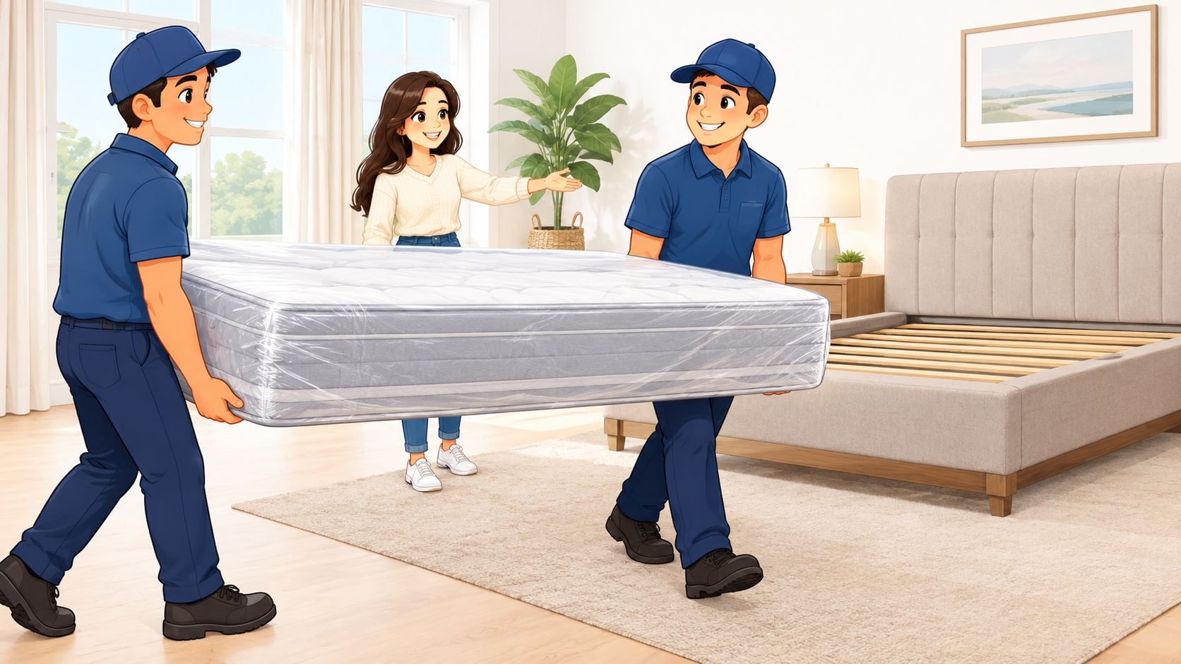 Two delivery workers in blue uniforms carrying a new mattress into a bedroom for a customer.
