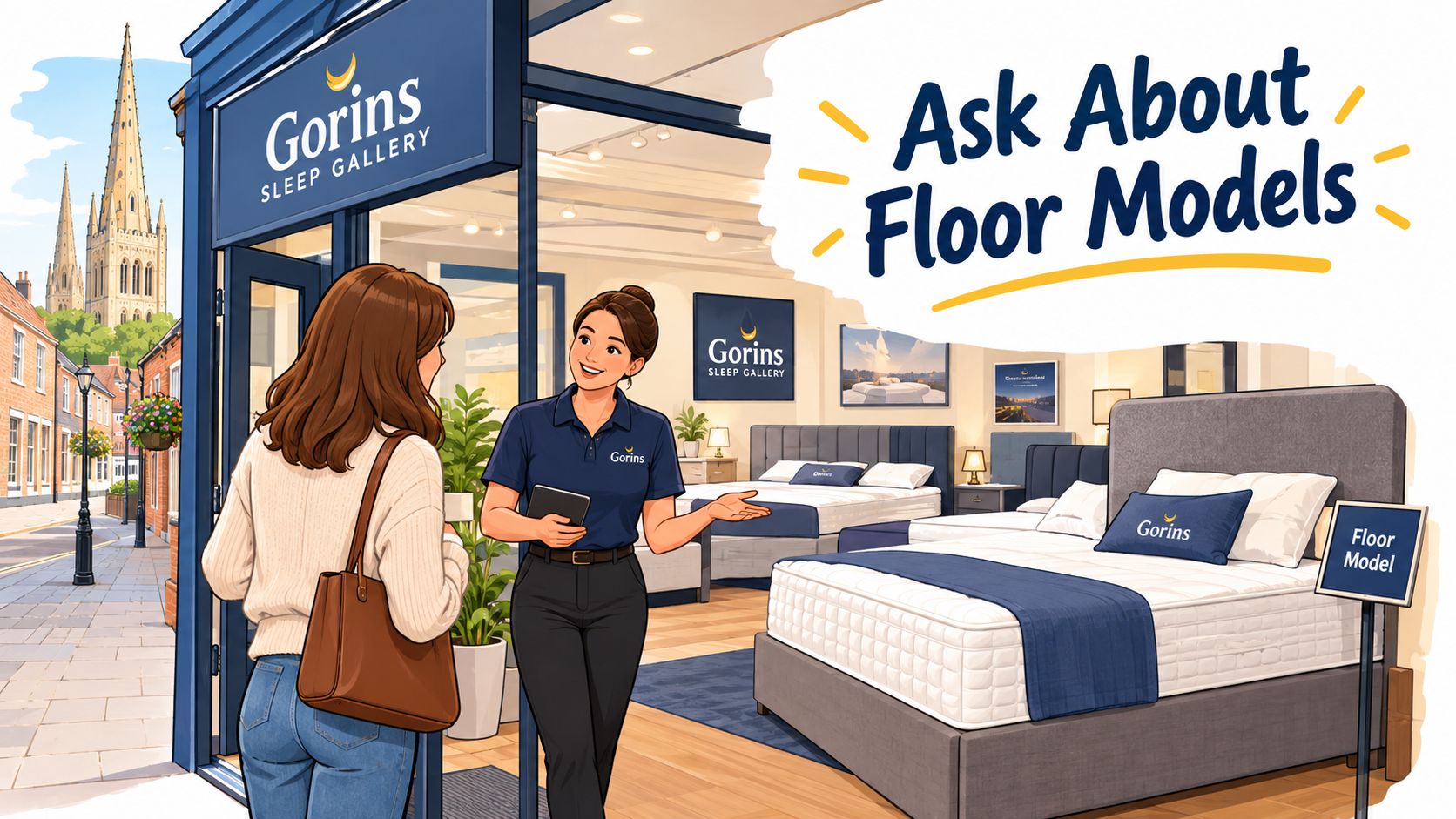 A friendly sales associate greeting a customer inside a bright and inviting Gorins Sleep Gallery mattress store.