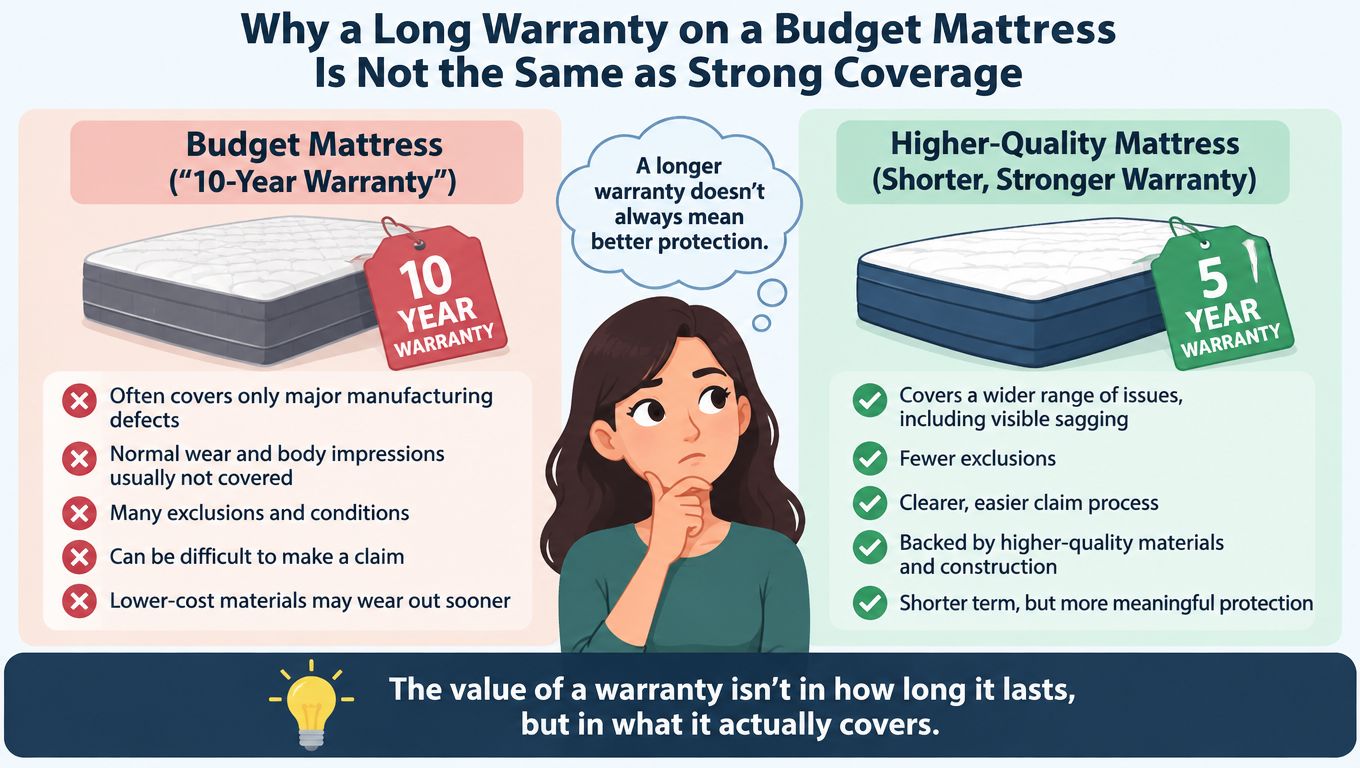 An infographic comparing the quality of long-term warranties on budget mattresses versus short-term warranties on high-quality mattresses.