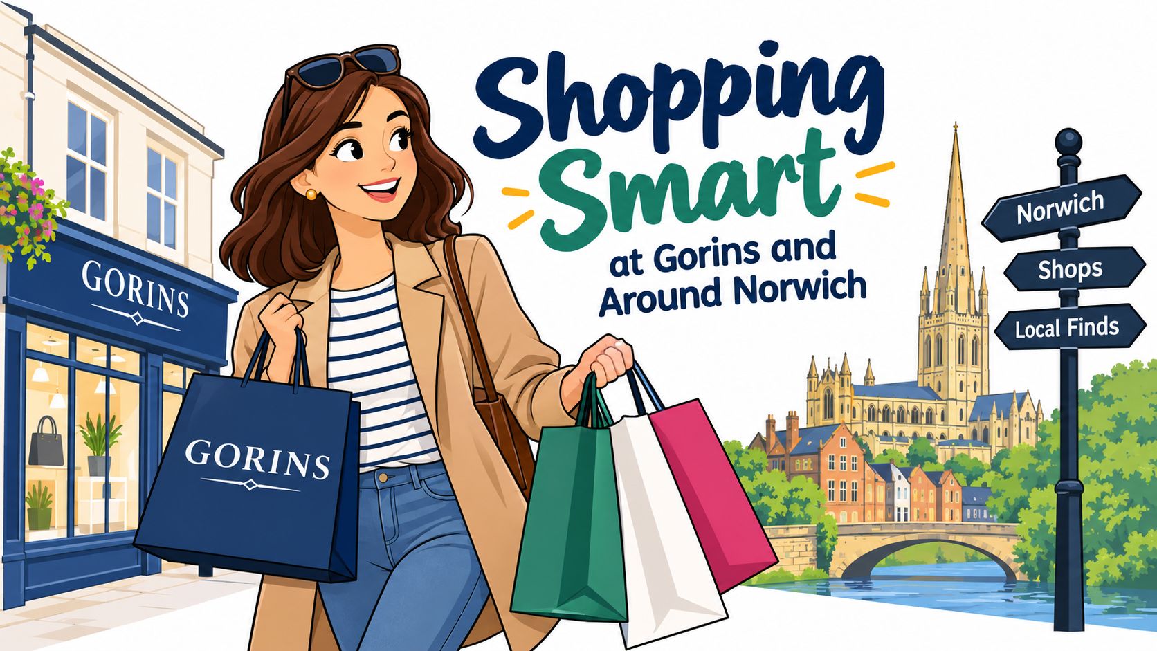 A stylish woman carrying shopping bags near a Gorins store with the Norwich cathedral in the background.