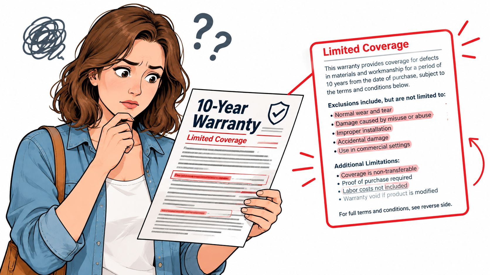 A woman looks confused while reading a document titled 10-Year Warranty with various exclusions and limitations listed.