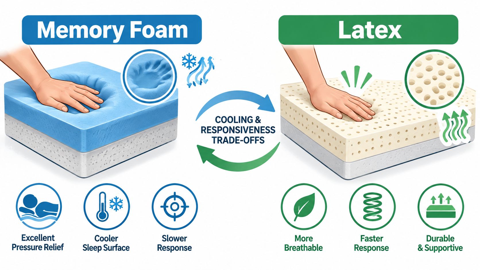 A comparison graphic between memory foam and latex mattress materials highlighting their unique cooling and responsiveness properties.