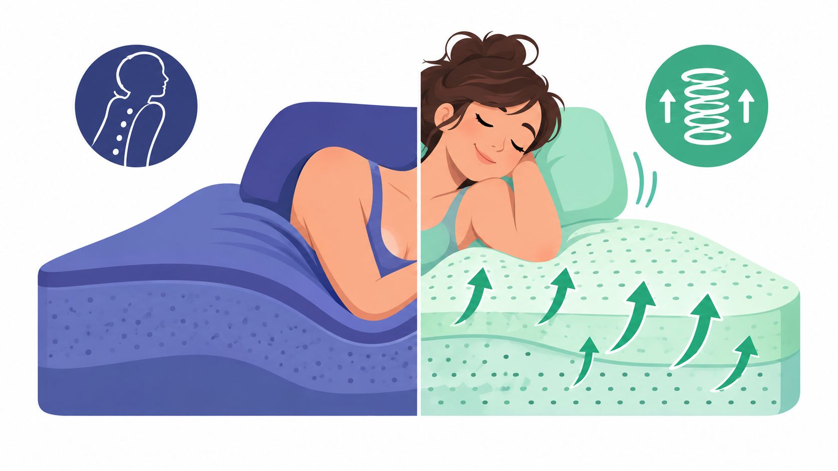 A split image comparing a sinking memory foam mattress and a supportive bouncy latex mattress topper.