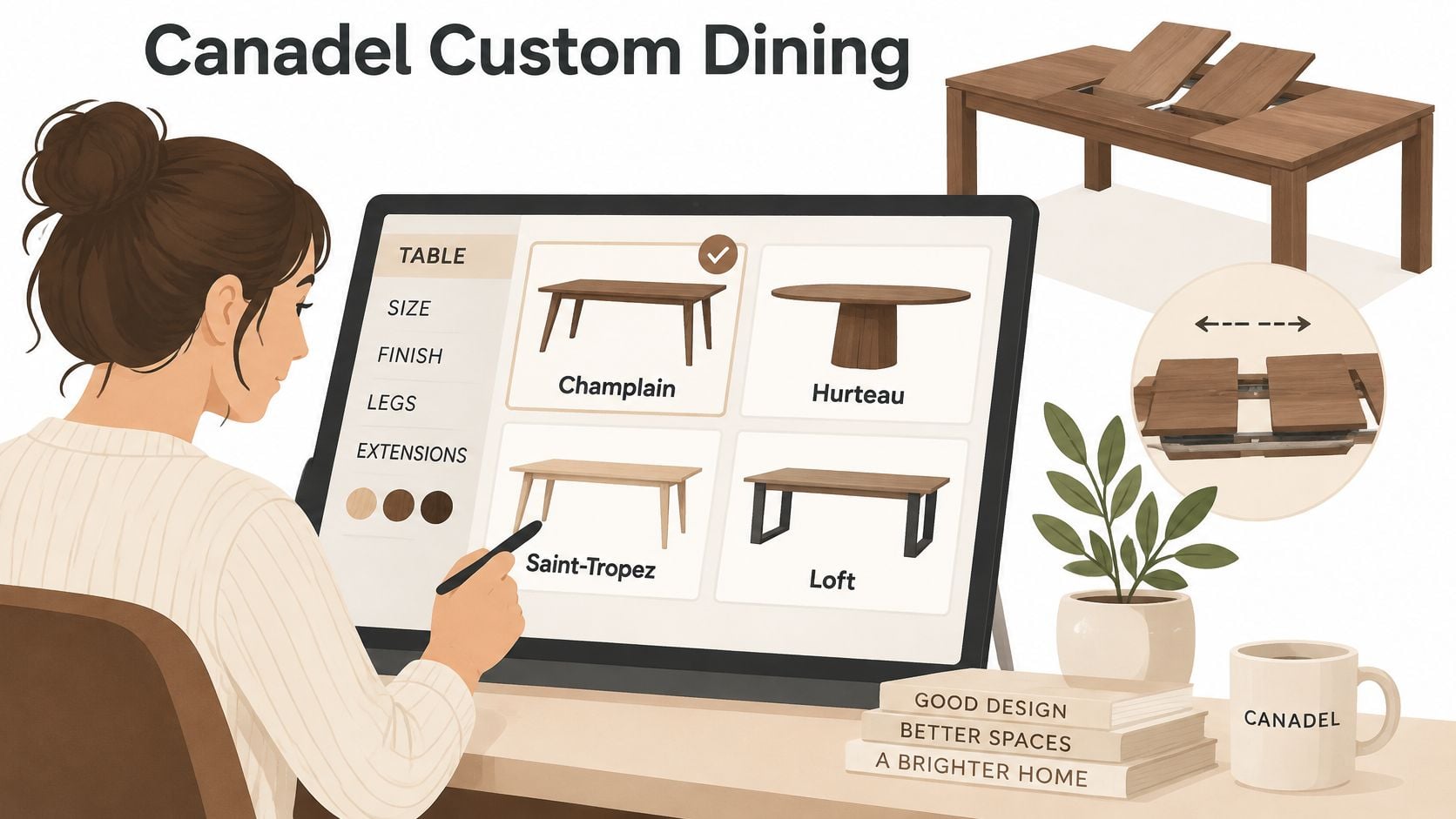 A woman using a digital tool to customize a Canadel extendable dining table online at her desk.