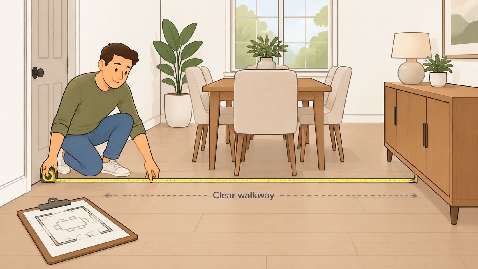 A man measuring the floor distance between a door and a sideboard for furniture placement planning.