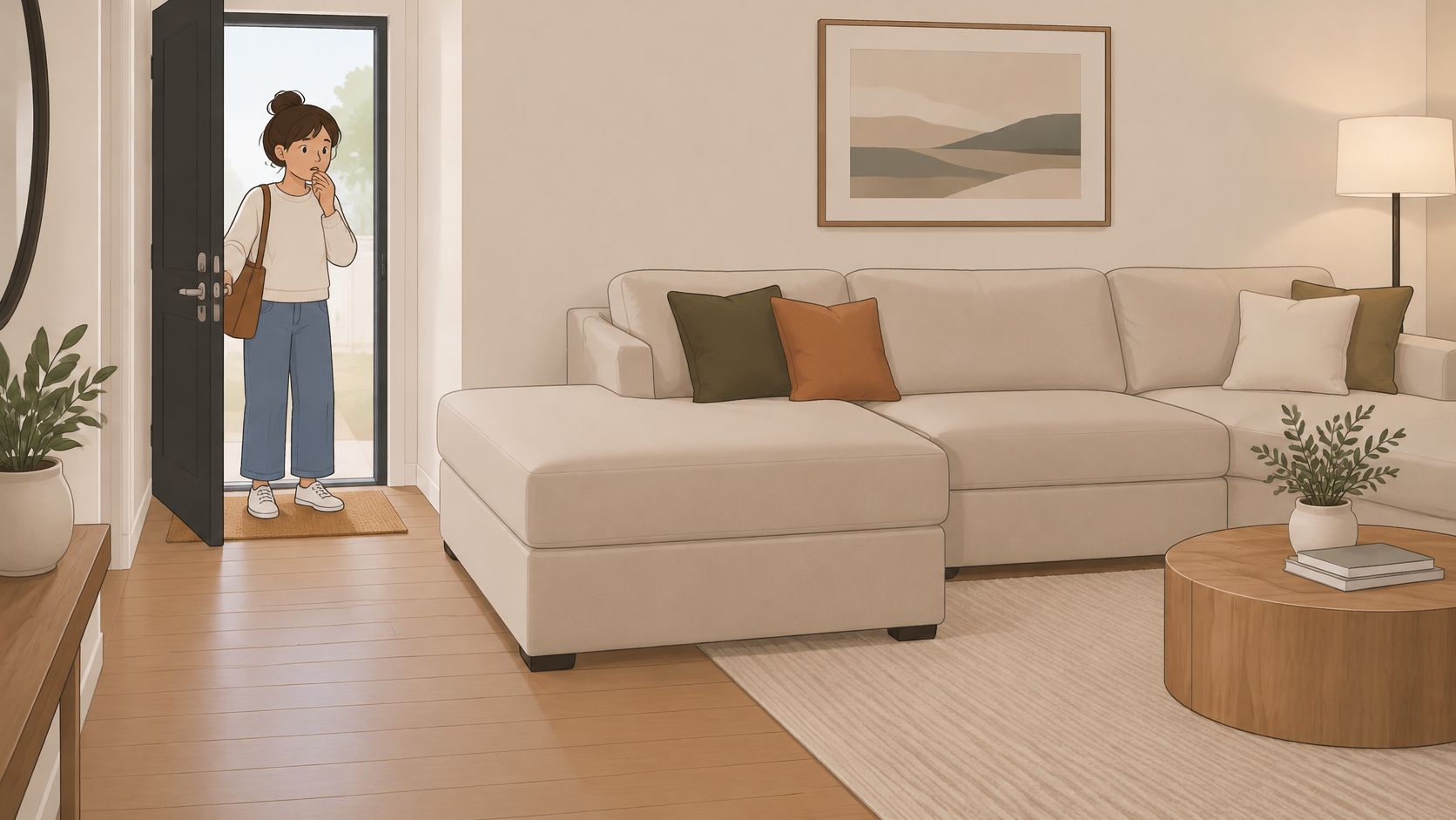 A woman with a bag stands in an open doorway of a modern living room featuring a sofa.