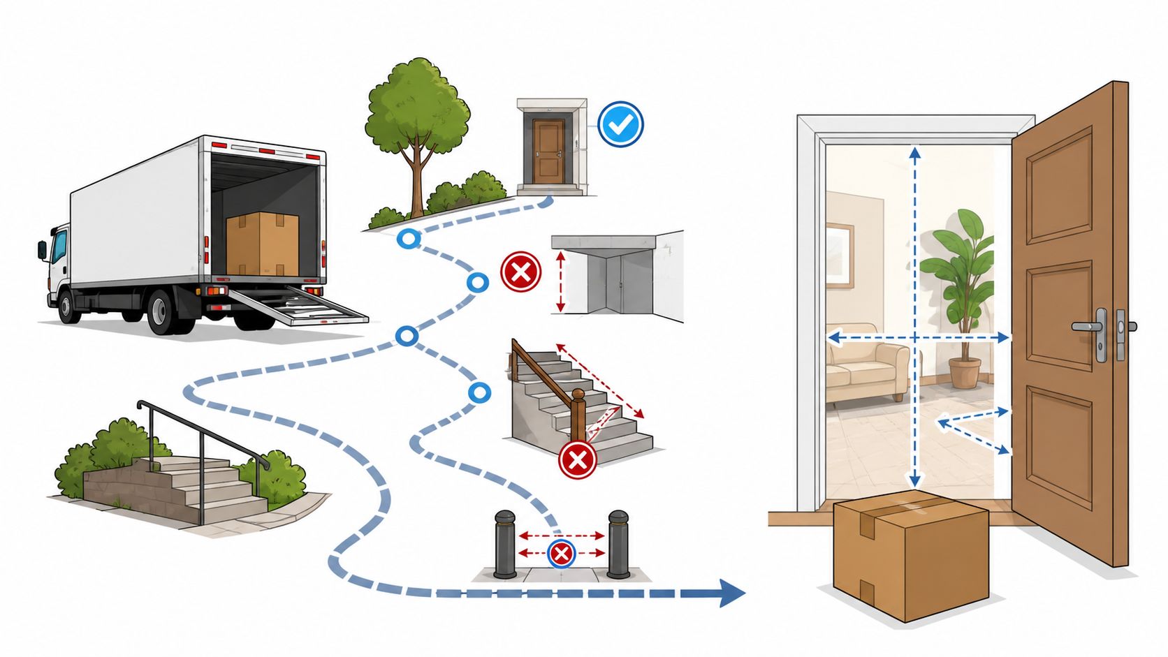 A diagram showing delivery route obstacles to consider when moving a large sofa into a home.
