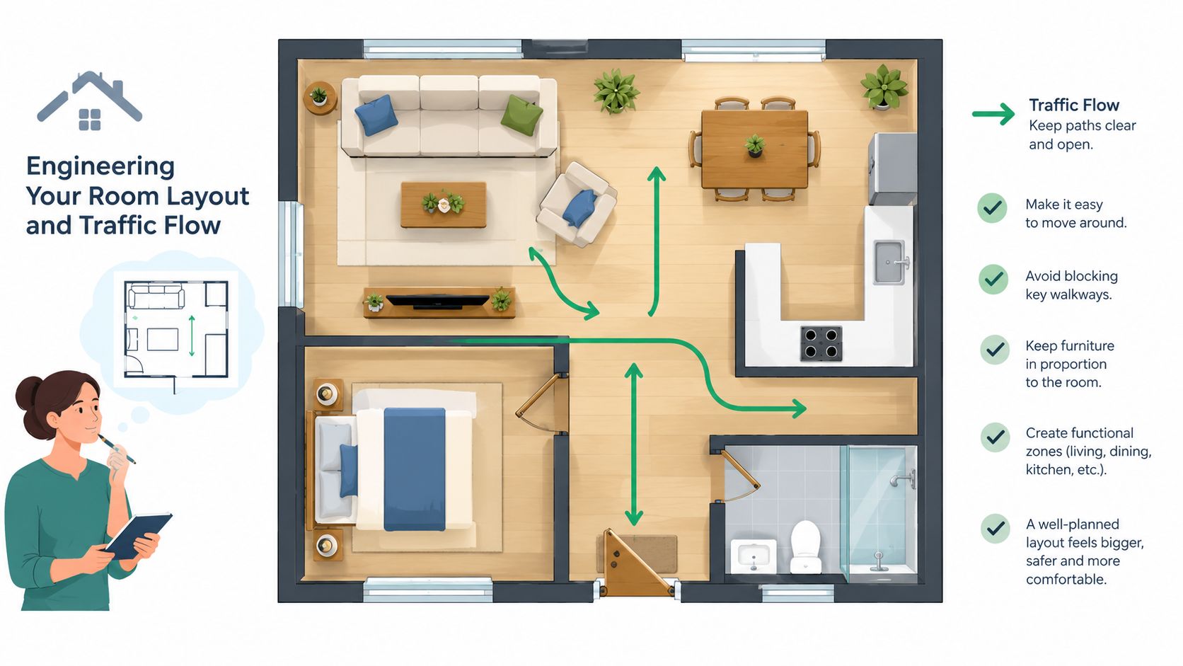 A professional interior design diagram illustrating optimal room layout and furniture traffic flow for a small apartment.