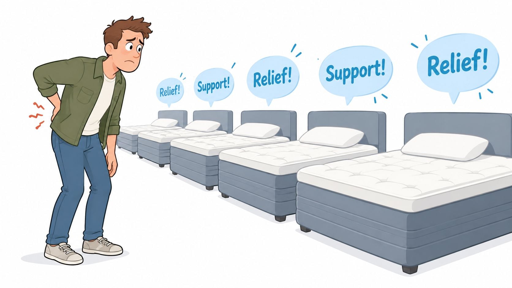 A person with back pain looks at a series of beds with relief and support labels.
