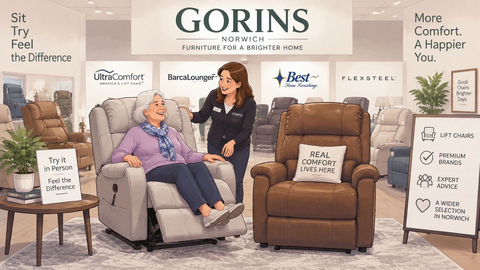 A friendly sales associate helps an elderly woman try out a comfortable lift chair in a furniture store.