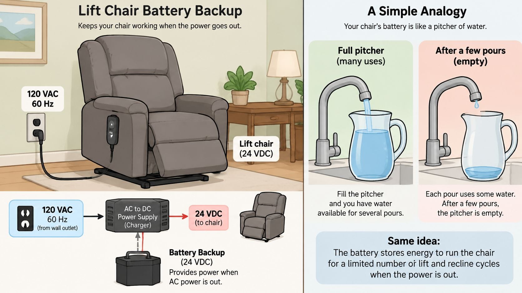 A diagram explaining how a lift chair battery backup provides power during electrical outages using a water analogy.