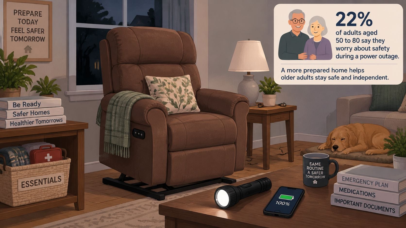 A cozy living room featuring a lift chair, emergency essentials, and tips for older adult safety preparation.