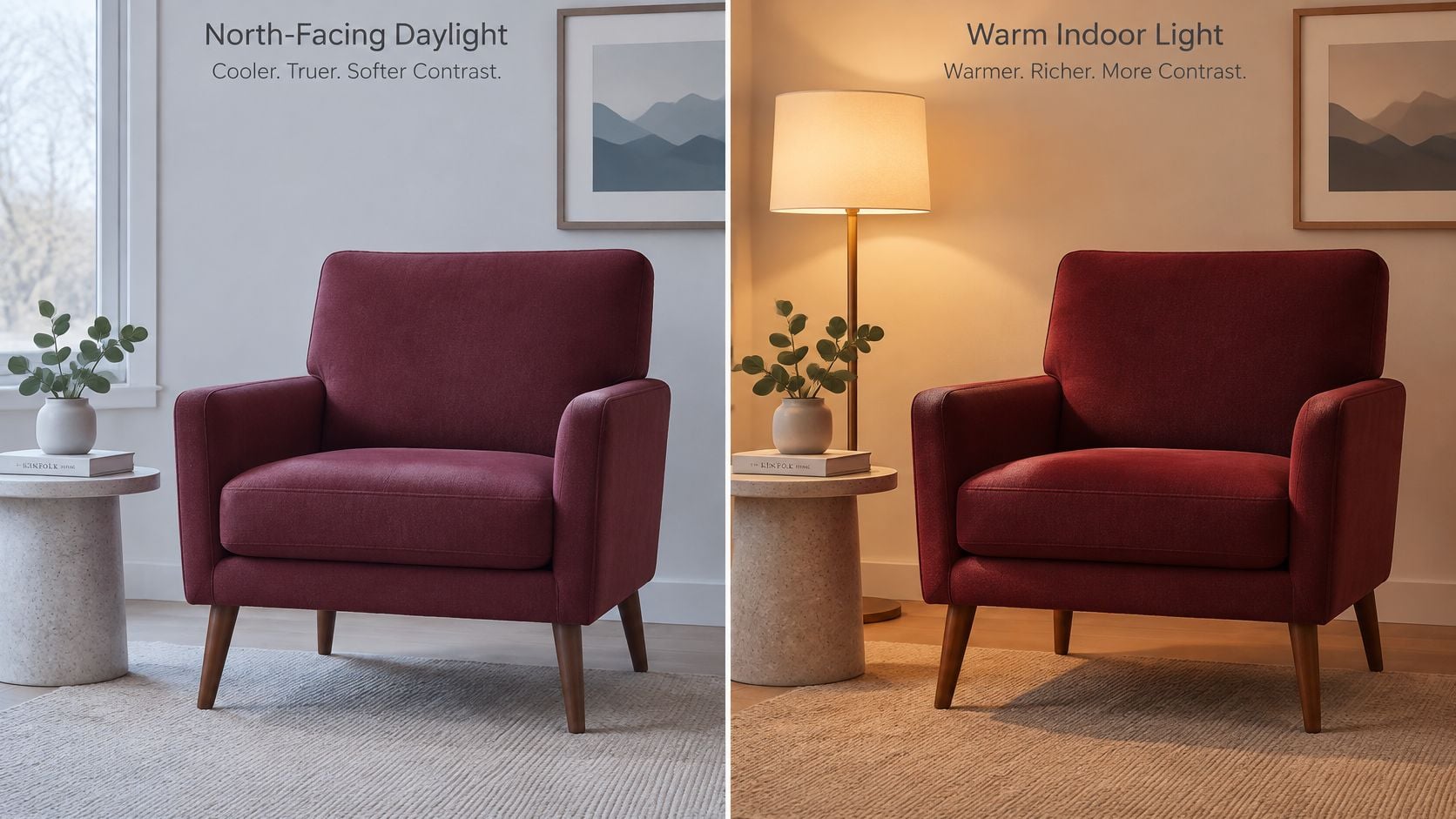 A side-by-side comparison of a maroon accent chair under cool daylight and warm indoor lighting.