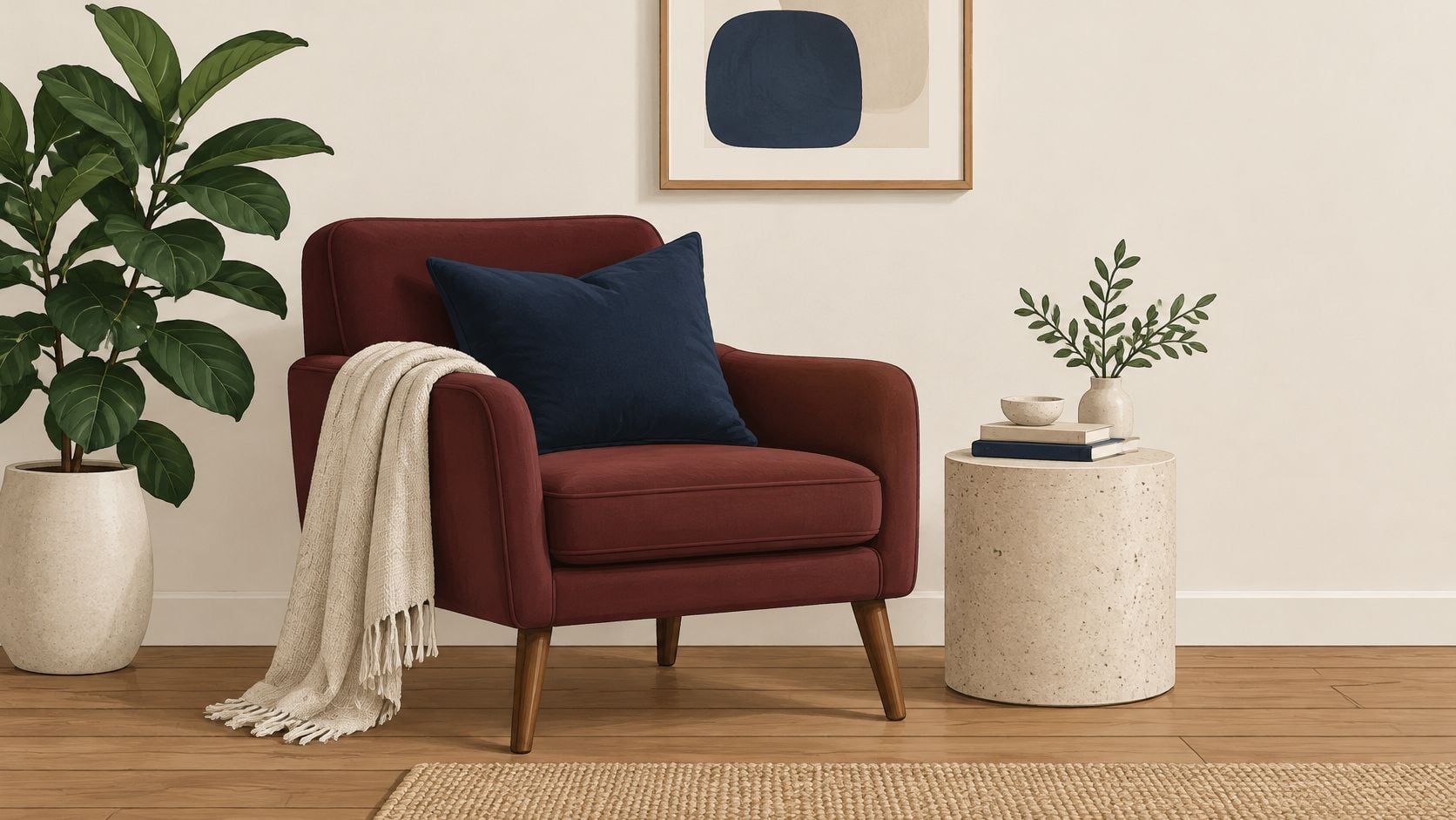 A maroon velvet accent chair with a navy blue pillow and cream throw blanket in a cozy room.
