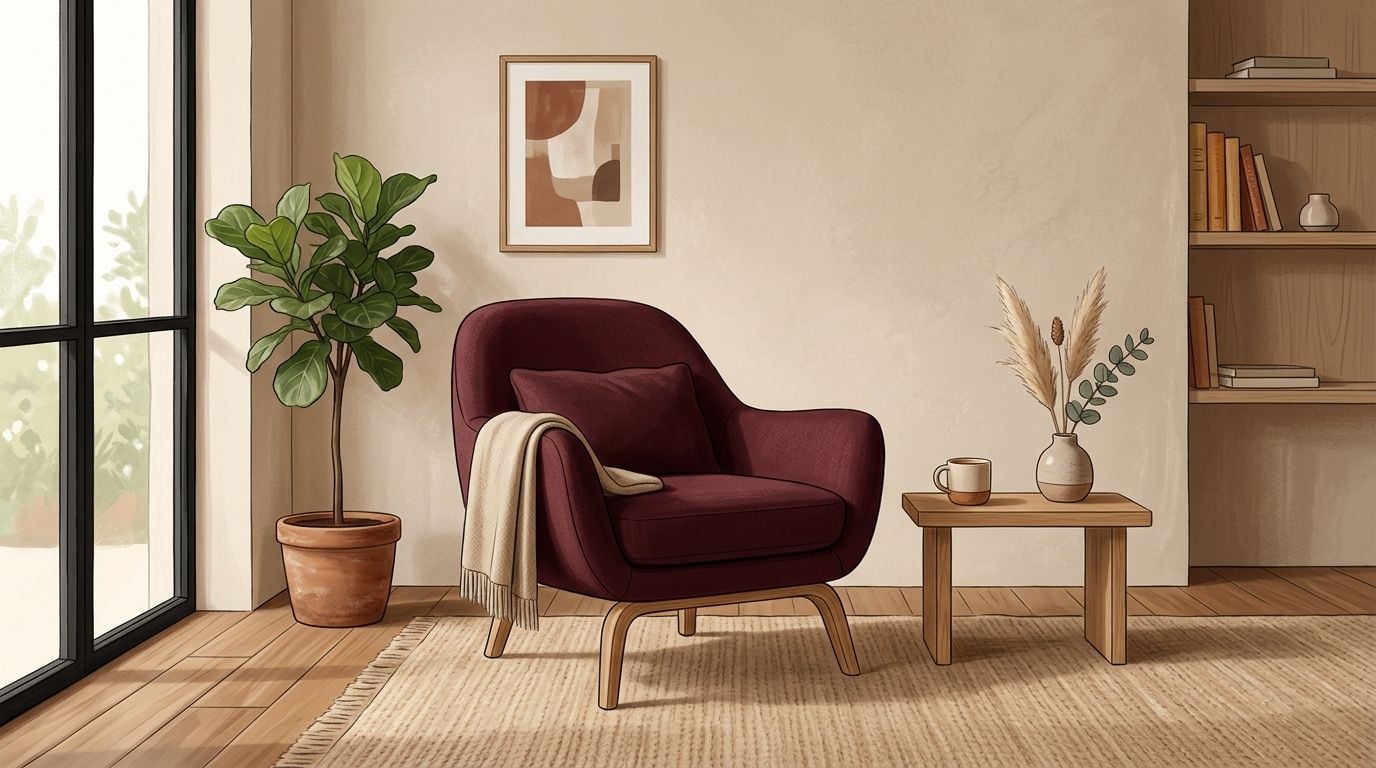 A cozy reading nook featuring a dark maroon accent chair, a potted plant, and a wooden side table.