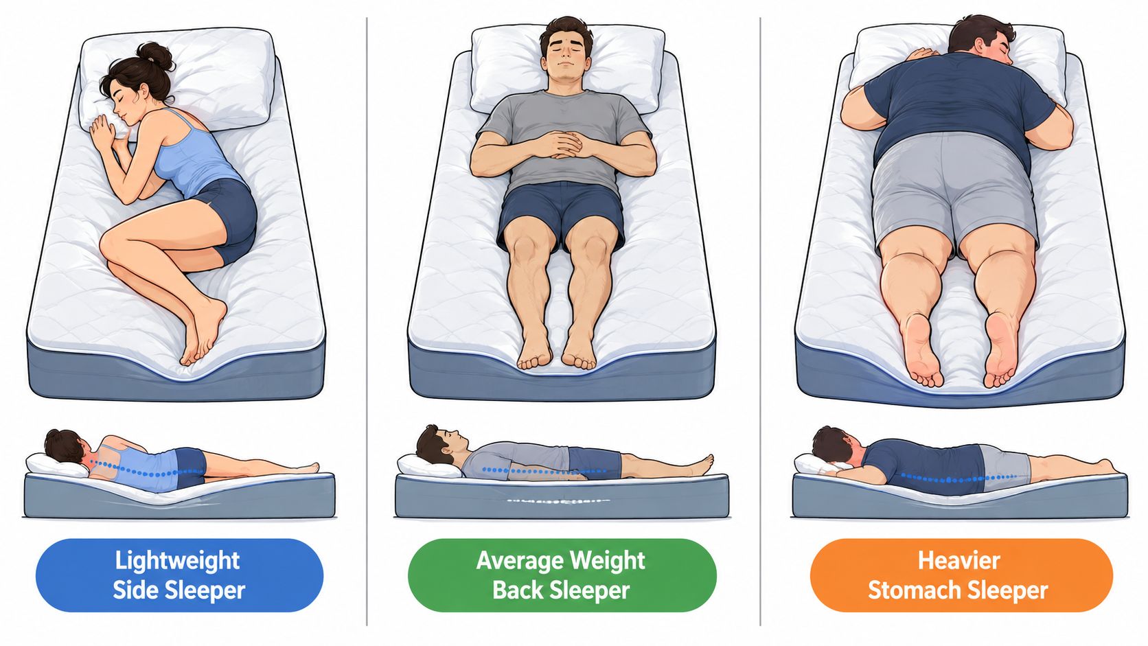 A diagram demonstrating mattress firmness adjustments for a lightweight side sleeper, average weight back sleeper, and heavier stomach sleeper.