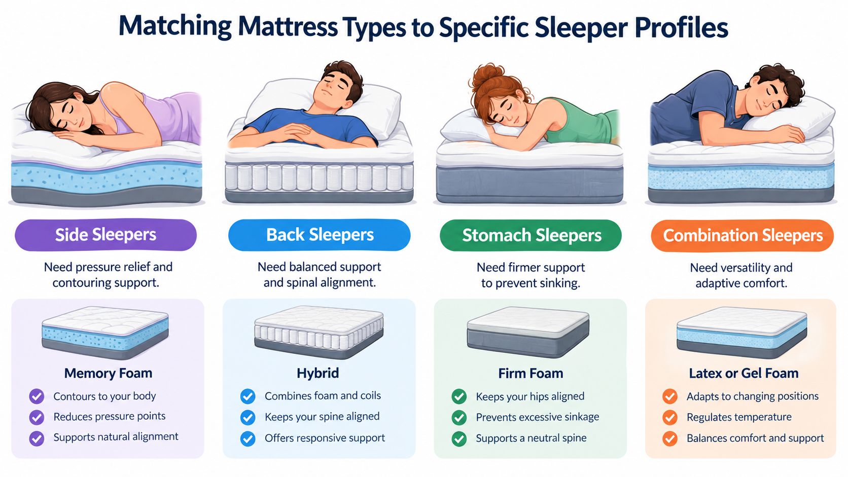An infographic showing four different sleeping positions and the ideal mattress type for each sleeper profile.