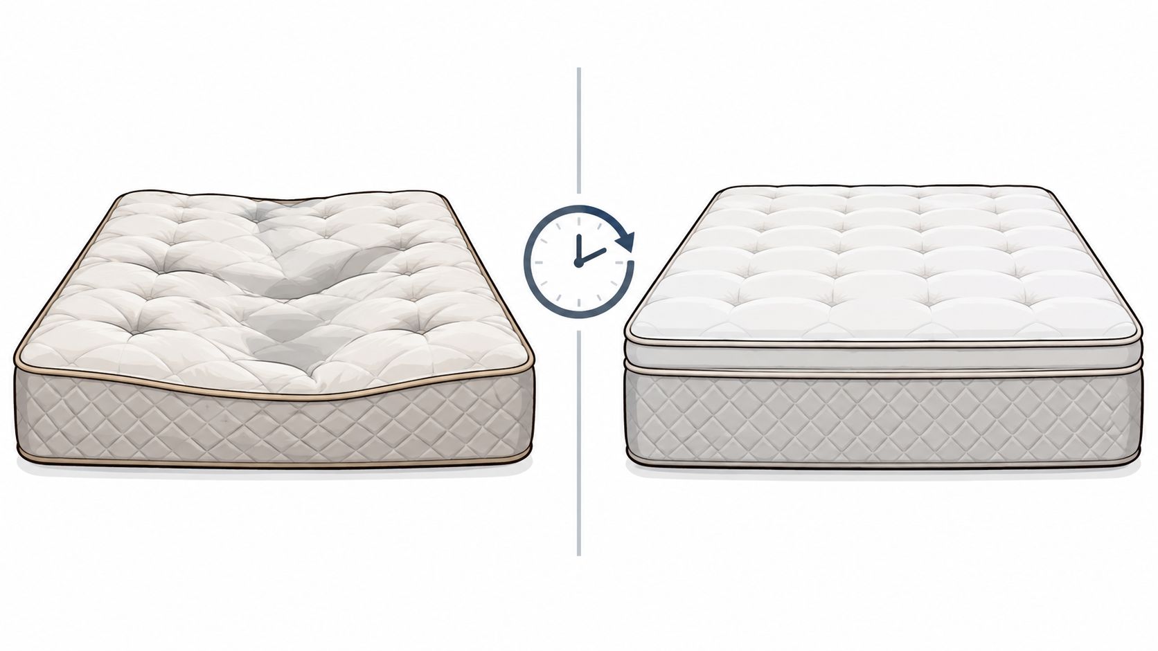 A split image comparing a saggy worn-out mattress on the left to a firm new mattress.