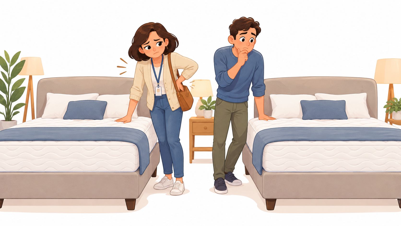 A couple examining two different mattresses in a showroom while considering their comfort and design options.