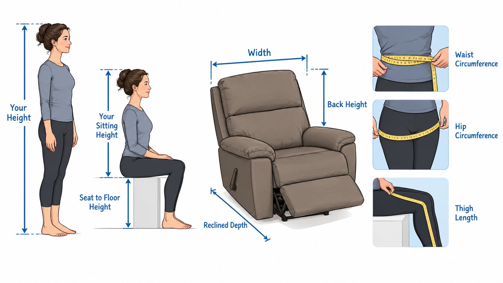 A diagram illustrating how to take personal body measurements to ensure a recliner chair fits correctly.